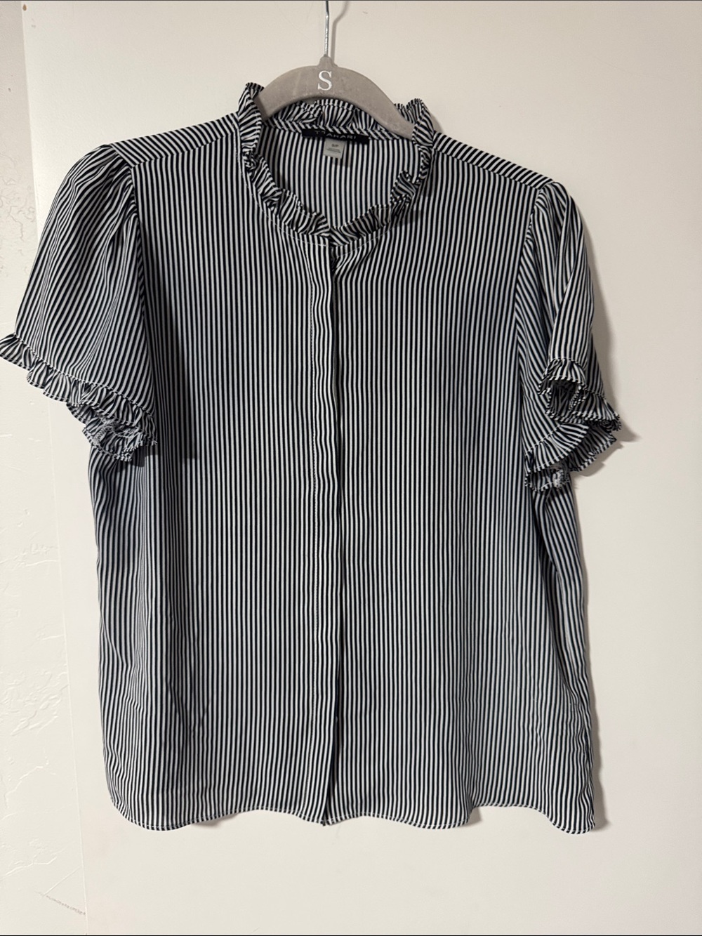 Tahari Black & White Vertical Stripe Ruffle Blouse